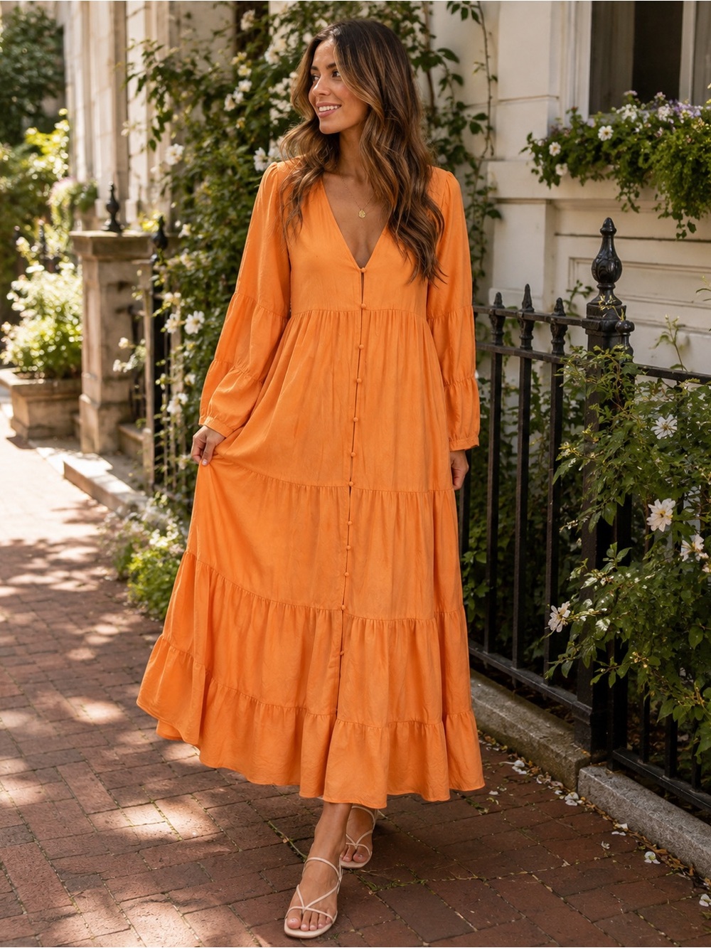 Urban Outfitters Orange Cottagecore Tiered Maxi Dress M Button Front Flowy Lined